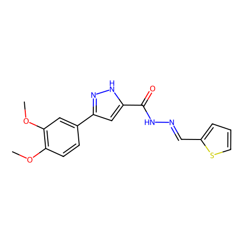 (E)-3-(3,4-dimethoxyphenyl)-N'-(thiophen-2-ylmethylene)-1H-pyrazole-5-carbohydrazide structure