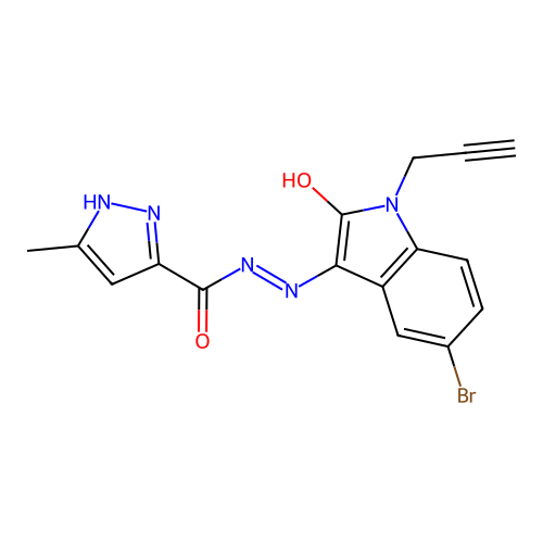 N-[(5-bromo-2-oxo-1-prop-2-ynylindol-3-ylidene)amino]-5-methyl-1H-pyrazole-3-carboxamide structure