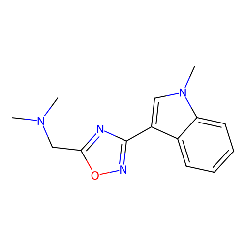 N,N-dimethyl-1-[3-(1-methyl-3-indolyl)-1,2,4-oxadiazol-5-yl]methanamine structure
