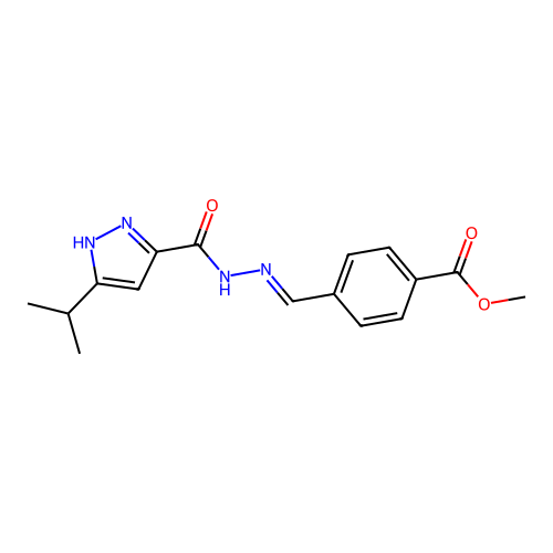 (E)-methyl 4-((2-(3-isopropyl-1H-pyrazole-5-carbonyl)hydrazono)methyl)benzoate structure
