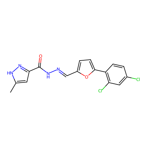 N'-{(E)-[5-(2,4-dichlorophenyl)furan-2-yl]methylidene}-3-methyl-1H-pyrazole-5-carbohydrazide structure