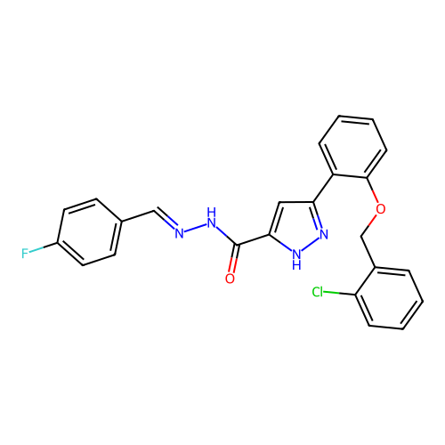 (E)-3-(2-((2-chlorobenzyl)oxy)phenyl)-N'-(4-fluorobenzylidene)-1H-pyrazole-5-carbohydrazide structure