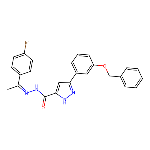 (Z)-3-(3-(benzyloxy)phenyl)-N'-(1-(4-bromophenyl)ethylidene)-1H-pyrazole-5-carbohydrazide structure