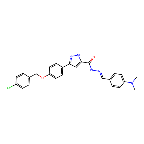 (E)-3-(4-((4-chlorobenzyl)oxy)phenyl)-N'-(4-(dimethylamino)benzylidene)-1H-pyrazole-5-carbohydrazide structure