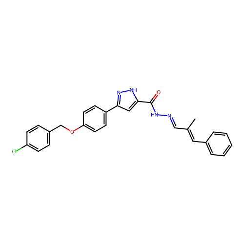 (E)-3-(4-((4-chlorobenzyl)oxy)phenyl)-N'-((E)-2-methyl-3-phenylallylidene)-1H-pyrazole-5-carbohydrazide structure