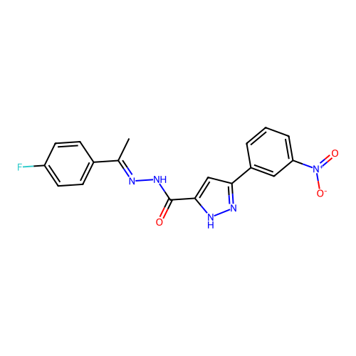 (E)-N'-(1-(4-fluorophenyl)ethylidene)-3-(3-nitrophenyl)-1H-pyrazole-5-carbohydrazide structure
