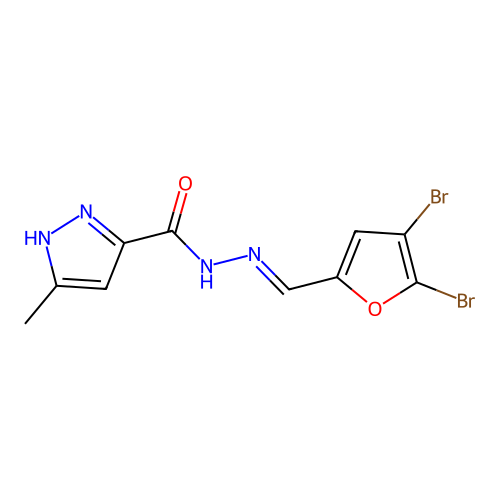 N'-[(E)-(4,5-dibromofuran-2-yl)methylidene]-3-methyl-1H-pyrazole-5-carbohydrazide structure