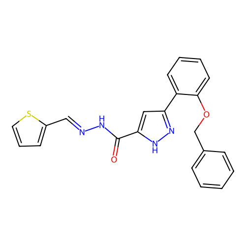 (E)-3-(2-(benzyloxy)phenyl)-N'-(thiophen-2-ylmethylene)-1H-pyrazole-5-carbohydrazide structure