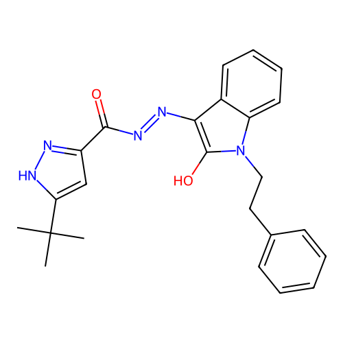 3-tert-butyl-N'-[(3Z)-2-oxo-1-(2-phenylethyl)-1,2-dihydro-3H-indol-3-ylidene]-1H-pyrazole-5-carbohydrazide structure
