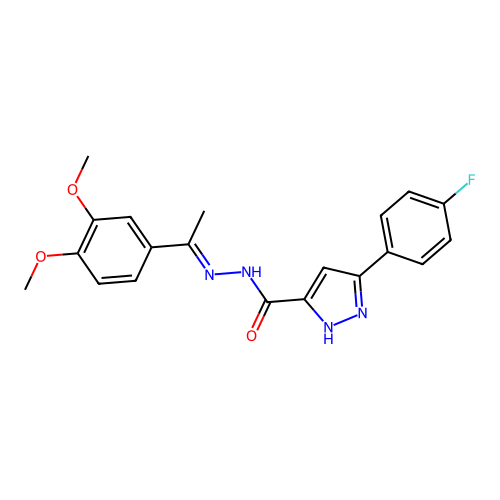 (E)-N'-(1-(3,4-dimethoxyphenyl)ethylidene)-3-(4-fluorophenyl)-1H-pyrazole-5-carbohydrazide structure