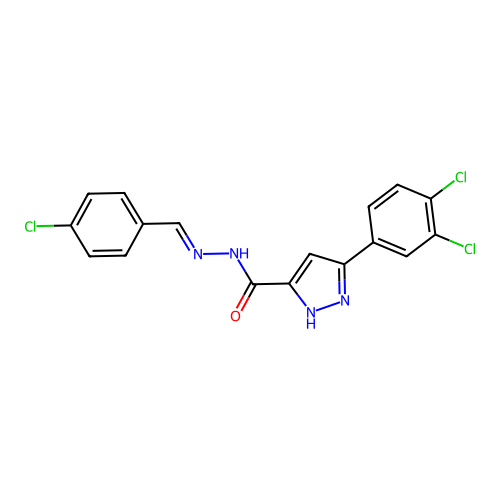 (E)-N'-(4-chlorobenzylidene)-3-(3,4-dichlorophenyl)-1H-pyrazole-5-carbohydrazide structure