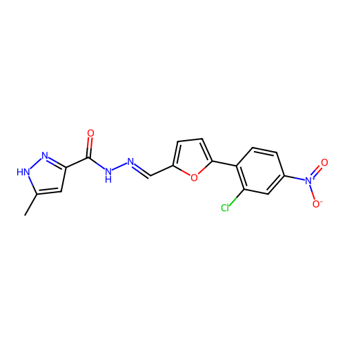 N-[[5-(2-chloro-4-nitro-phenyl)-2-furyl]methyleneamino]-5-methyl-1H-pyrazole-3-carboxamide structure