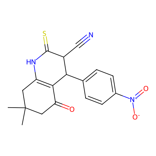 7,7-dimethyl-4-(4-nitrophenyl)-5-oxo-2-sulfanylidene-3,4,6,8-tetrahydro-1H-quinoline-3-carbonitrile structure