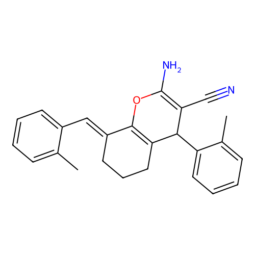 2-amino-8-(2-methylbenzylidene)-4-(2-methylphenyl)-5,6,7,8-tetrahydro-4H-chromene-3-carbonitrile structure