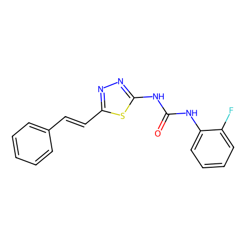1-(2-fluorophenyl)-3-{5-[(E)-2-phenylethenyl]-1,3,4-thiadiazol-2-yl}urea structure