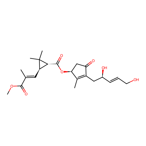 Methyl (E)-3-((1S,3R)-3-(((1S)-3-((E,2R)-2,5-dihydroxypent-3-enyl)-2-methyl-4-oxo-1-cyclopent-2-enyl)oxycarbonyl)-2,2-dimethyl-cyclopropyl)-2-methylprop-2-enoate structure