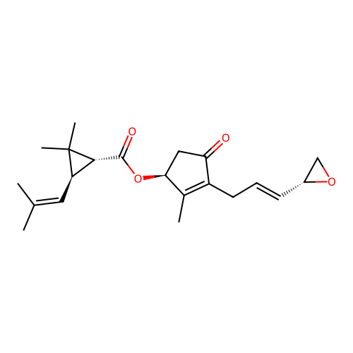 ((1S)-2-Methyl-3-((E)-3-((2R)-oxiran-2-yl)prop-2-enyl)-4-oxo-1-cyclopent-2-enyl) (1R,3S)-2,2-dimethyl-3-(2-methylprop-1-enyl)cyclopropane-1-carboxylate structure