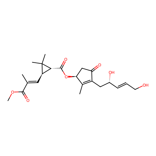 Methyl (E)-3-((1S,3R)-3-(((1S)-3-((E,2S)-2,5-dihydroxypent-3-enyl)-2-methyl-4-oxo-1-cyclopent-2-enyl]oxycarbonyl)-2,2-dimethyl-cyclopropyl)-2-methylprop-2-enoate structure