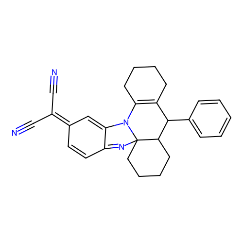 (10-phenyl-6,7,8,9,9a,10,11,12,13,14-decahydro-2H-benzimidazo[2,1-e]acridin-2-ylidene)propanedinitrile structure
