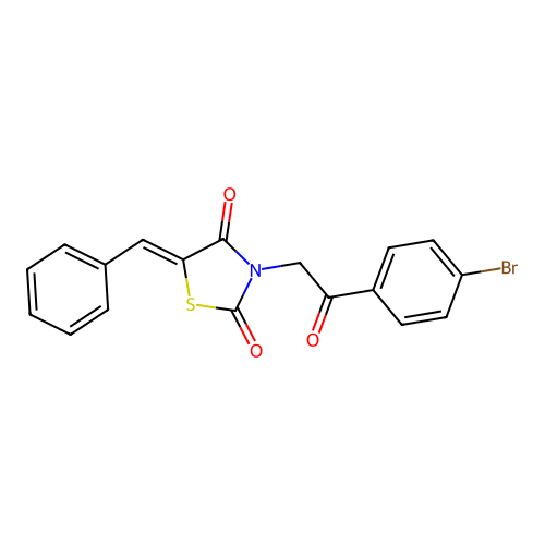 (5Z)-5-benzylidene-3-[2-(4-bromophenyl)-2-oxoethyl]-1,3-thiazolidine-2,4-dione structure