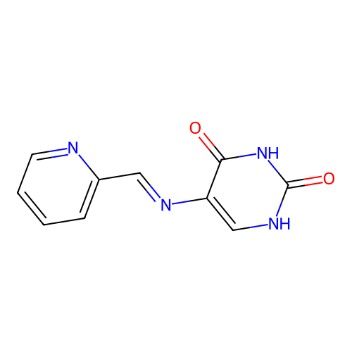 5-{[(E)-pyridin-2-ylmethylidene]amino}pyrimidine-2,4-diol structure