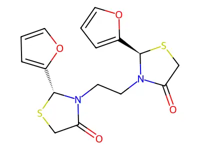 3,3'-(Ethane-1,2-diyl)bis(2-(furan-2-yl)-1,3-thiazolidin-4-one) structure