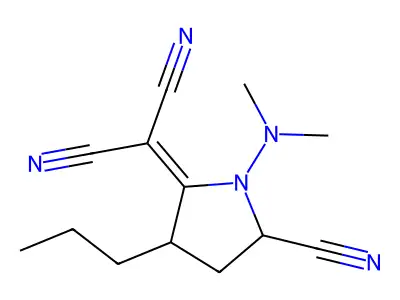 2-[5-Cyano-1-(dimethylamino)-3-propylpyrrolidin-2-ylidene]propanedinitrile structure