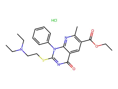 Pyrido(2,3-d)pyrimidine-6-carboxylic acid, 1,4-dihydro-2-((2-(diethylamino)ethyl)thio)-7-methyl-4-oxo-1-phenyl-, ethyl ester, monohydrochloride structure