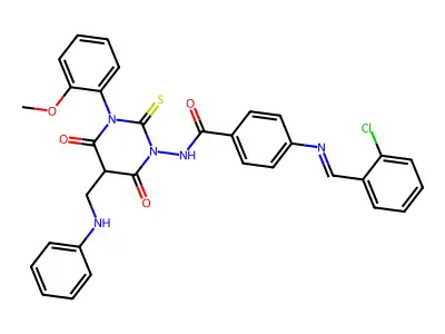 Benzamide, 4-(((2-chlorophenyl)methylene)amino)-N-(tetrahydro-3-(2-methoxyphenyl)-4,6-dioxo-5-((phenylamino)methyl)-2-thioxo-1(2H)-pyrimidinyl)- structure