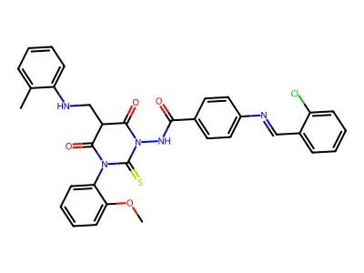 Benzamide, 4-(((2-chlorophenyl)methylene)amino)-N-(tetrahydro-3-(2-methoxyphenyl)-5-(((2-methylphenyl)amino)methyl)-4,6-dioxo-2-thioxo-1(2H)-pyrimidinyl)- structure