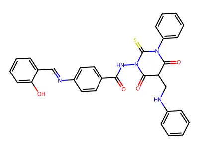 Benzamide, 4-(((2-hydroxyphenyl)methylene)amino)-N-(tetrahydro-4,6-dioxo-3-phenyl-5-((phenylamino)methyl)-2-thioxo-1(2H)-pyrimidinyl)- structure