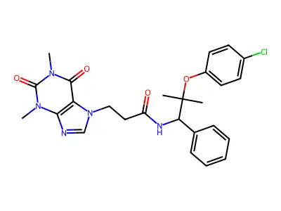 7H-Purine-7-propanamide, 1,2,3,6-tetrahydro-N-(2-(4-chlorophenoxy)-2-methyl-1-phenylpropyl)-1,3-dimethyl-2,6-dioxo- structure