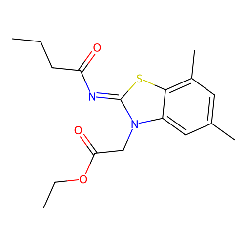 Ethyl 2-(2-butanoylimino-5,7-dimethyl-1,3-benzothiazol-3-yl)acetate structure