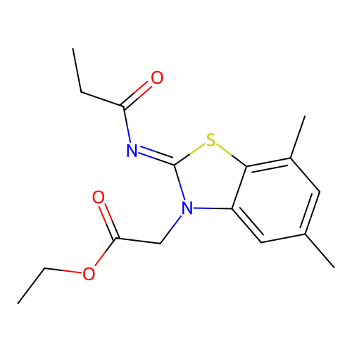 Ethyl 2-(5,7-dimethyl-2-propanoylimino-1,3-benzothiazol-3-yl)acetate structure