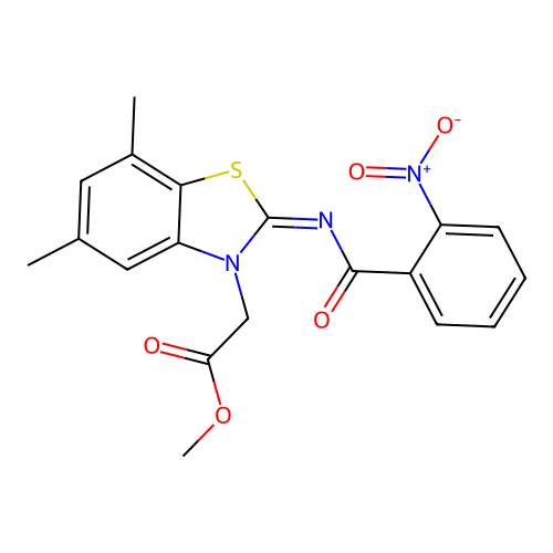 Methyl 2-[5,7-dimethyl-2-(2-nitrobenzoyl)imino-1,3-benzothiazol-3-yl]acetate structure