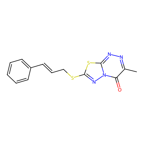7-(cinnamylthio)-3-methyl-4H-[1,3,4]thiadiazolo[2,3-c][1,2,4]triazin-4-one structure