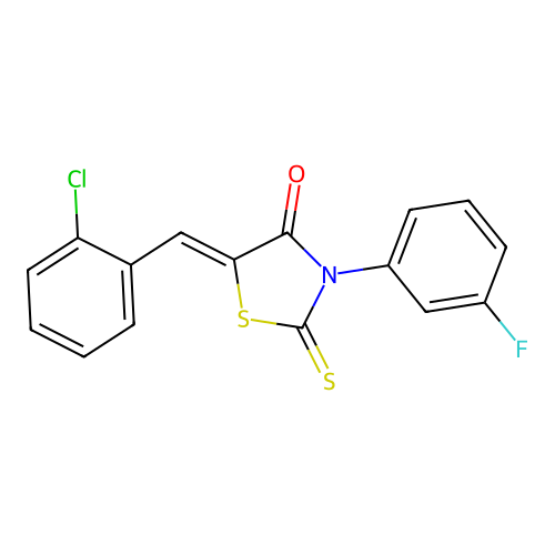(5Z)-5-[(2-chlorophenyl)methylidene]-3-(3-fluorophenyl)-2-sulfanylidene-1,3-thiazolidin-4-one structure