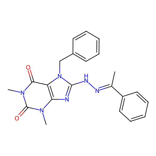 7-benzyl-1,3-dimethyl-8-[(2E)-2-(1-phenylethylidene)hydrazinyl]purine-2,6-dione structure