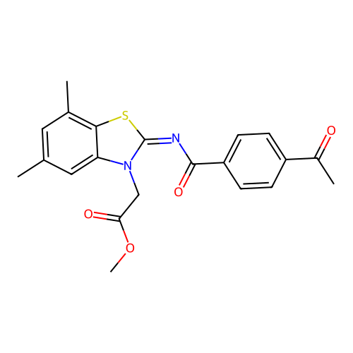 Methyl 2-[2-(4-acetylbenzoyl)imino-5,7-dimethyl-1,3-benzothiazol-3-yl]acetate structure