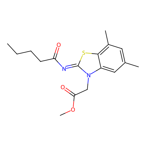 Methyl 2-(5,7-dimethyl-2-pentanoylimino-1,3-benzothiazol-3-yl)acetate structure