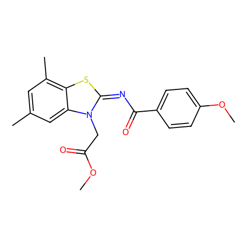 Methyl 2-[2-(4-methoxybenzoyl)imino-5,7-dimethyl-1,3-benzothiazol-3-yl]acetate structure