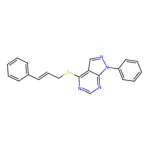 4-(cinnamylthio)-1-phenyl-1H-pyrazolo[3,4-d]pyrimidine structure