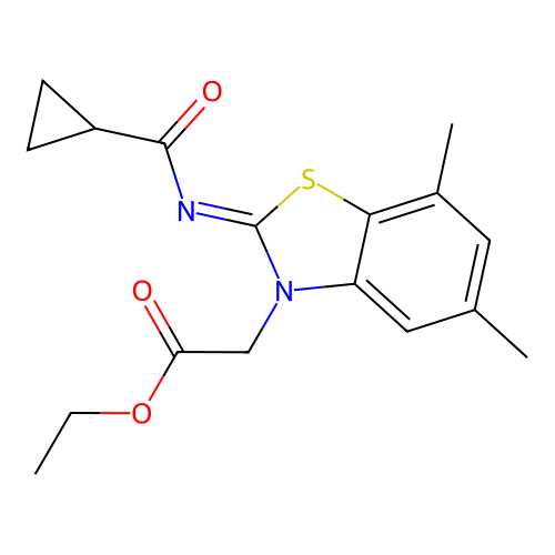 ethyl 2-[2-(cyclopropanecarbonylimino)-5,7-dimethyl-1,3-benzothiazol-3-yl]acetate structure