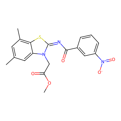 Methyl 2-[5,7-dimethyl-2-(3-nitrobenzoyl)imino-1,3-benzothiazol-3-yl]acetate structure
