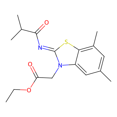 (Z)-ethyl 2-(2-(isobutyrylimino)-5,7-dimethylbenzo[d]thiazol-3(2H)-yl)acetate structure