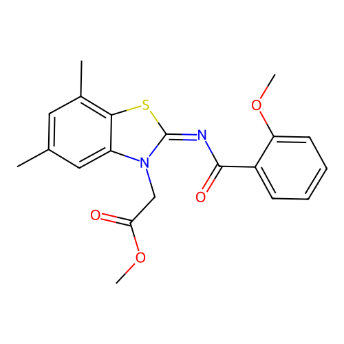 Methyl 2-[2-(2-methoxybenzoyl)imino-5,7-dimethyl-1,3-benzothiazol-3-yl]acetate structure
