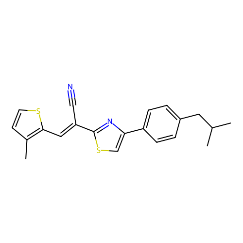 (E)-2-(4-(4-isobutylphenyl)thiazol-2-yl)-3-(3-methylthiophen-2-yl)acrylonitrile structure