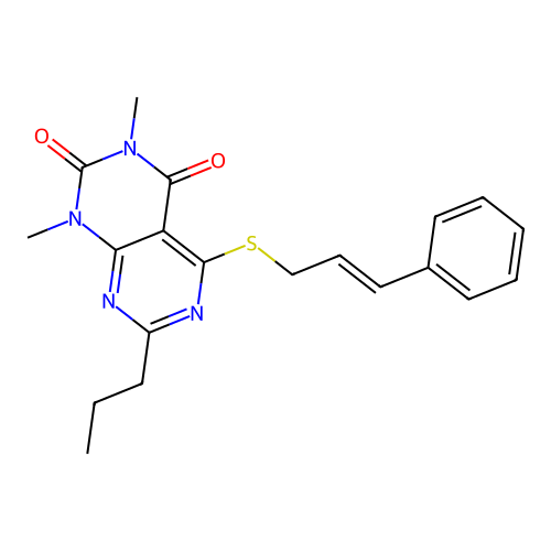 5-(cinnamylthio)-1,3-dimethyl-7-propylpyrimido[4,5-d]pyrimidine-2,4(1H,3H)-dione structure