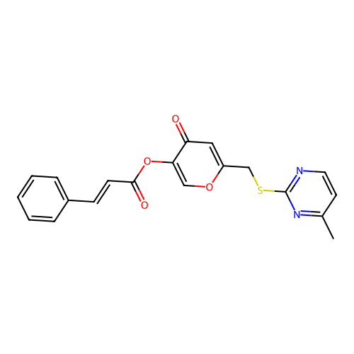 6-(((4-methylpyrimidin-2-yl)thio)methyl)-4-oxo-4H-pyran-3-yl cinnamate structure