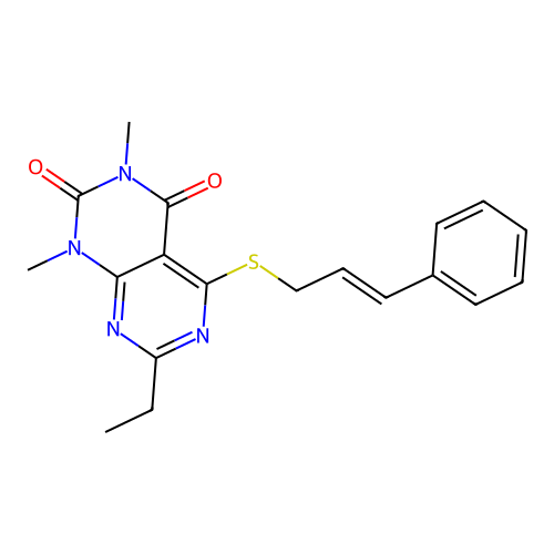 5-(cinnamylthio)-7-ethyl-1,3-dimethylpyrimido[4,5-d]pyrimidine-2,4(1H,3H)-dione structure